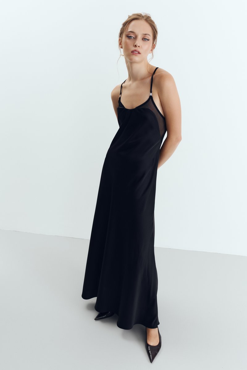 Black satin maxi dress with accent inserts image 1