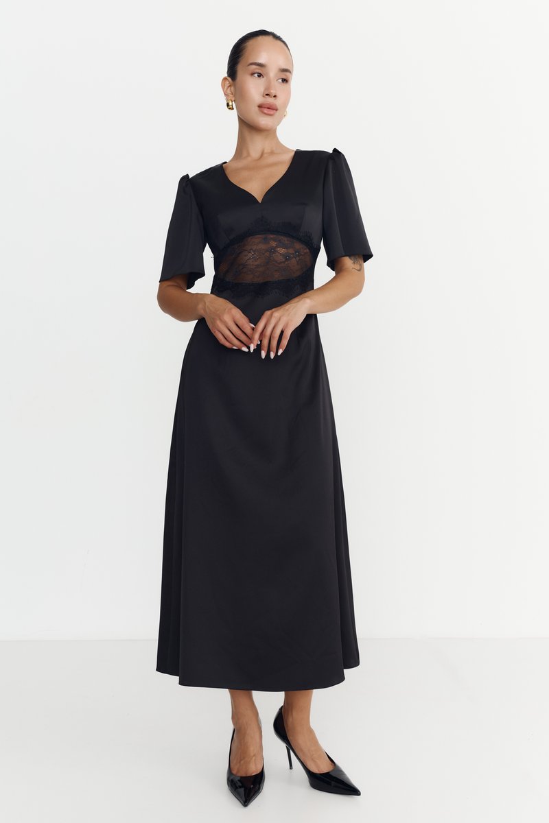 Black satin midi dress with lace insert image 1