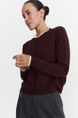 Chocolate-colored cardigan with accent inserts