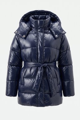 Blue elongated patent down jacket with removable hood