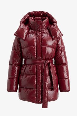 Burgundy elongated patent down jacket with removable hood