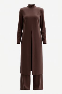 Satin suit with long cape and chocolate-colored pants