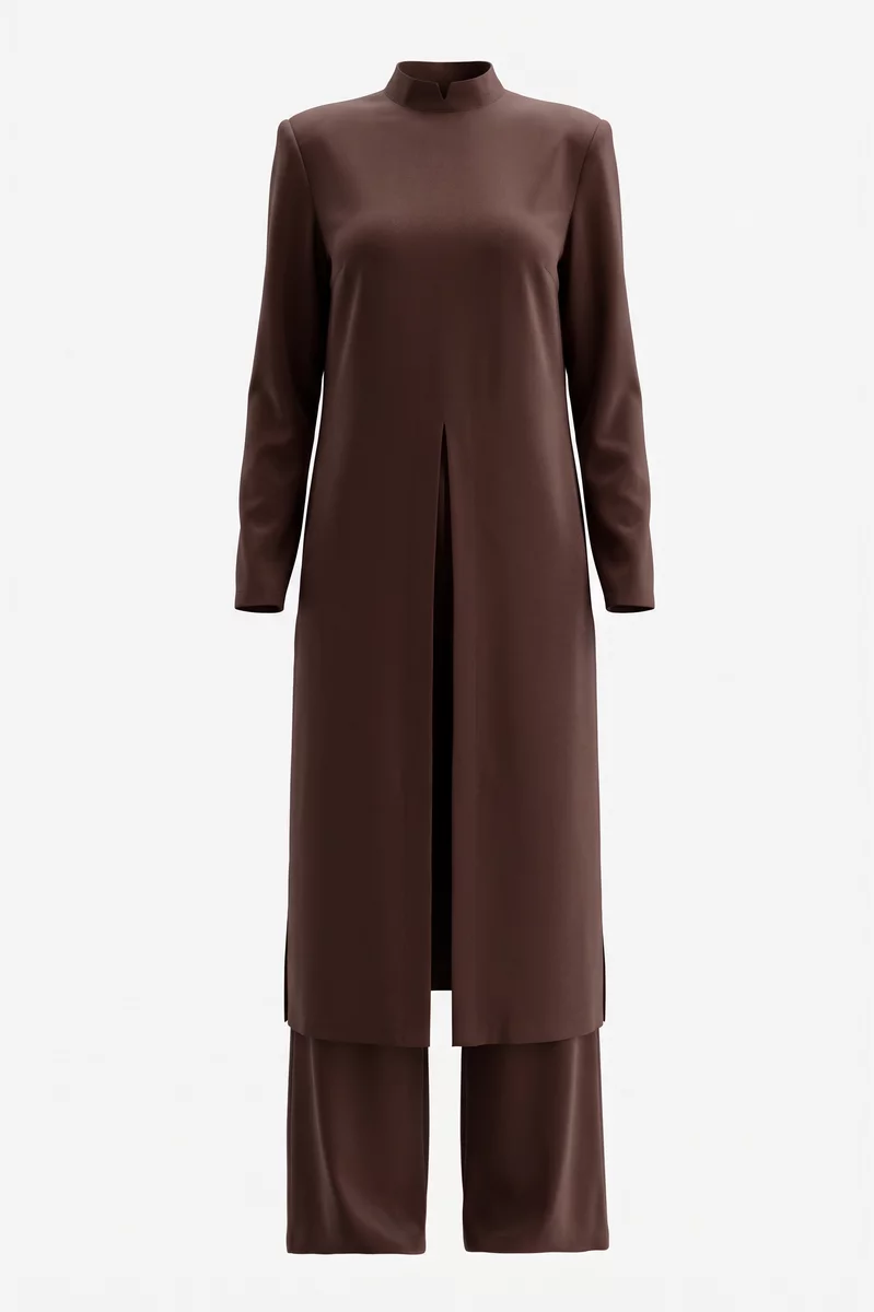 Satin suit with long cape and chocolate-colored pants photo 1