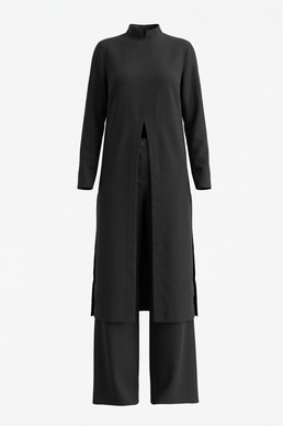 Black satin suit with long cape and pants