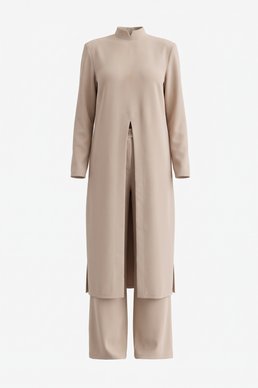 Beige satin suit with long cape and pants
