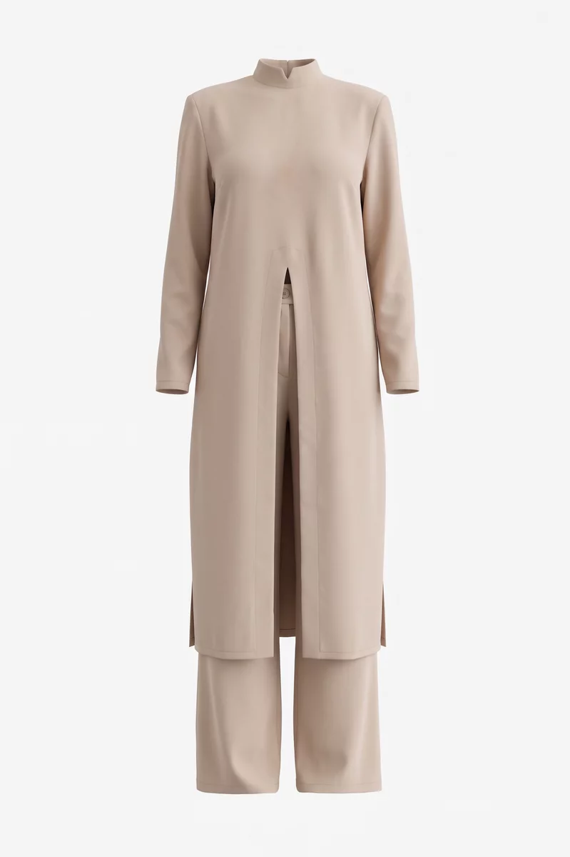 Beige satin suit with long cape and pants photo 1